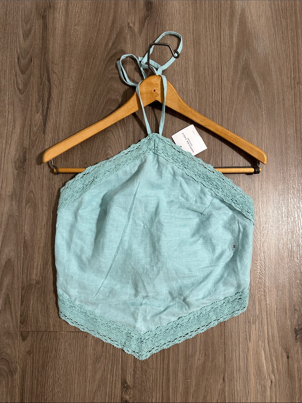 American Eagle Outfitters Linen Top Light Blue Lace-Trim Halter Bandeau